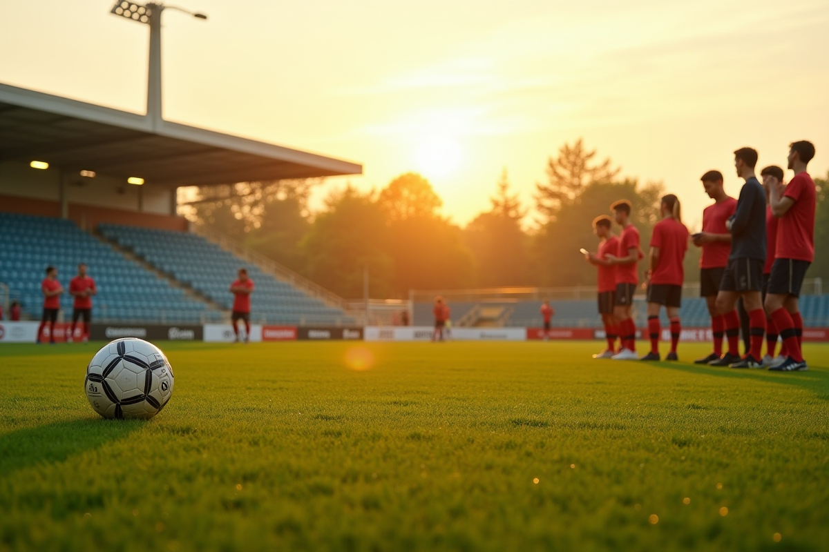 Terrain de football extérieur au coucher du soleil avec spectateurs
