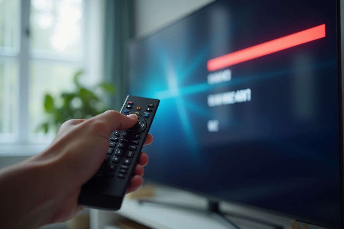 Main tenant une télécommande pointant vers un écran avec erreur