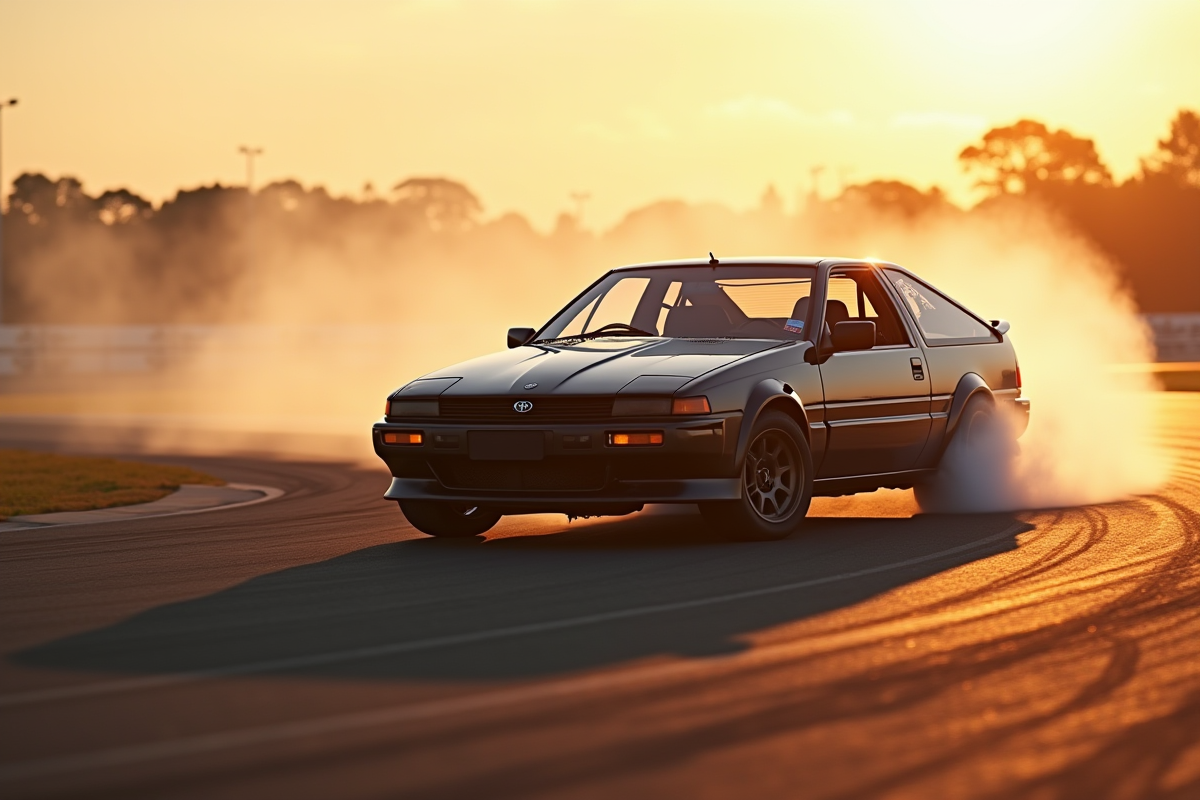 Toyota AE86 Sprinter en drift sur circuit au coucher du soleil