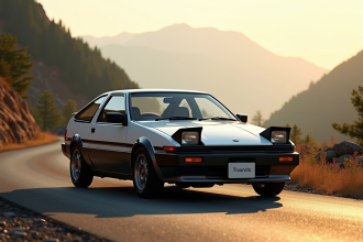 Toyota AE86 Trueno stationnée sur une route de montagne ensoleillée