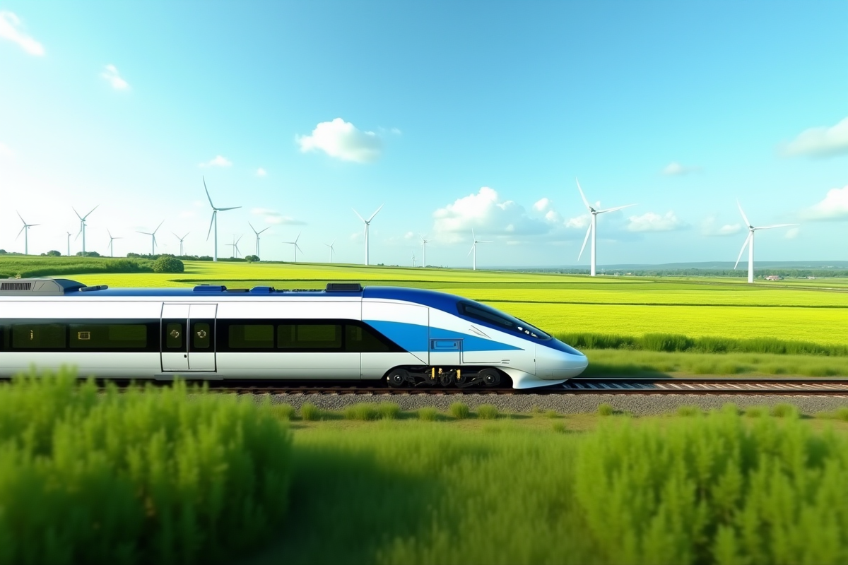 Train électrique rapide traversant un paysage rural avec champs et éoliennes