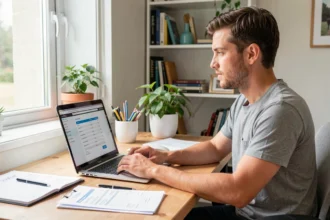 Travailleur indépendant devant son ordinateur et ses factures