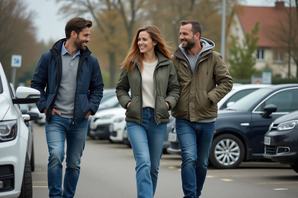 Trois adultes rient en sortant d'une voiture en banlieue française