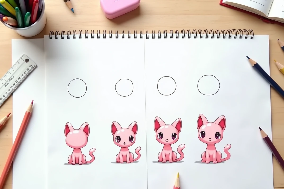 Tutoriel étape par étape pour dessiner Mew kawaii posé sur une table avec des fournitures artistiques