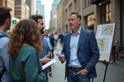 Urbaniste en discussion avec résidents sur le trottoir