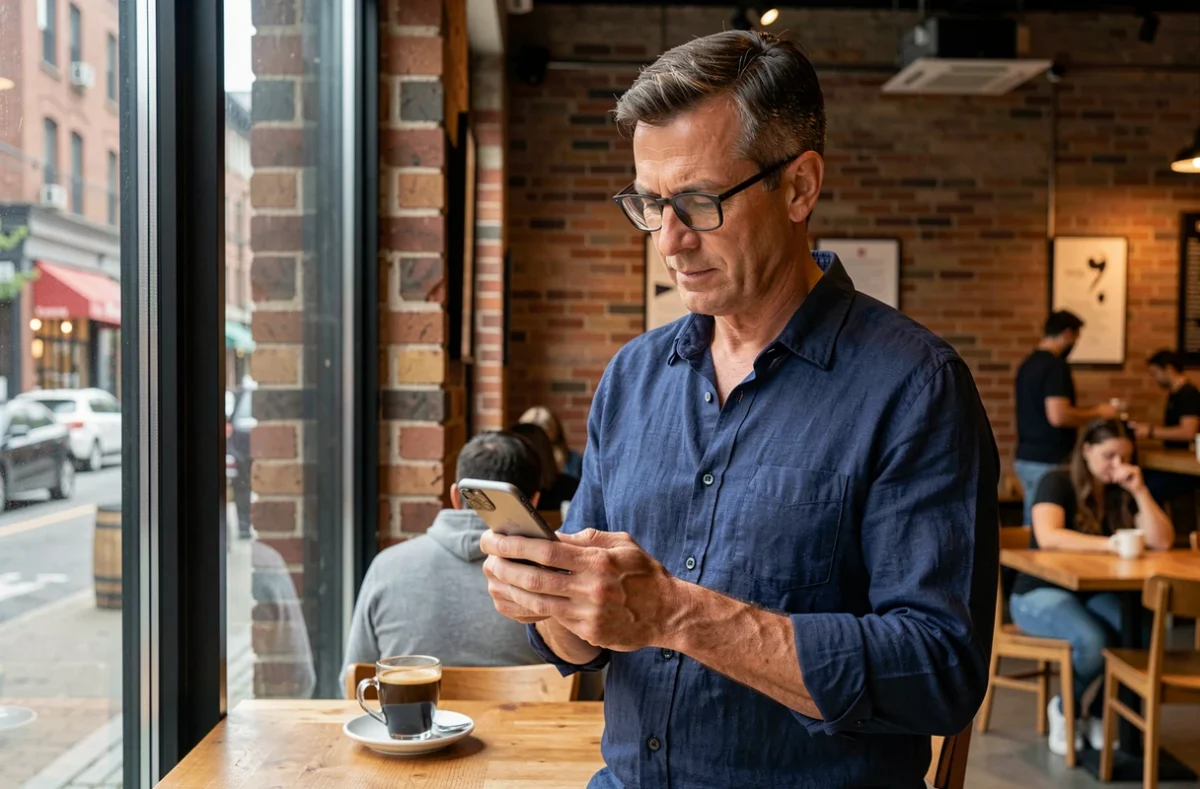 Homme consultant une application sur son smartphone dans un café urbain contemporain