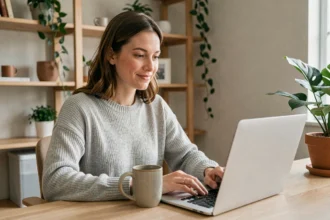Femme utilisant une application numérique sur son ordinateur portable dans un bureau à domicile moderne en 2026