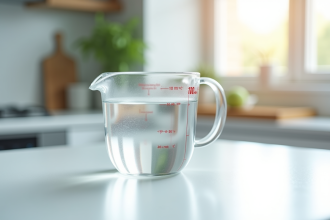 Verre mesureur rempli à 200 ml d'eau sur plan de cuisine