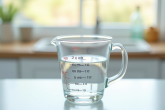 Verre mesureur avec 50 ml d'eau sur plan de cuisine lumineux