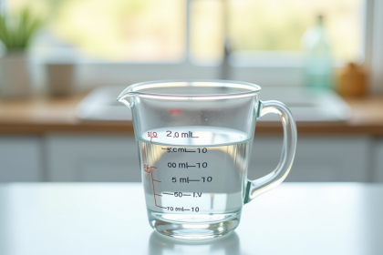 Verre mesureur avec 50 ml d'eau sur plan de cuisine lumineux