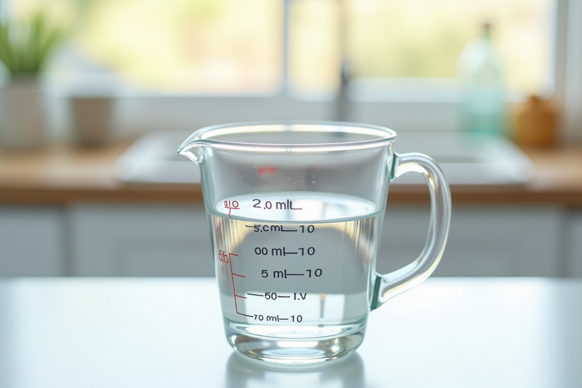Verre mesureur avec 50 ml d'eau sur plan de cuisine lumineux