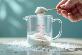 Verre mesureur rempli de poudre blanche en gros plan