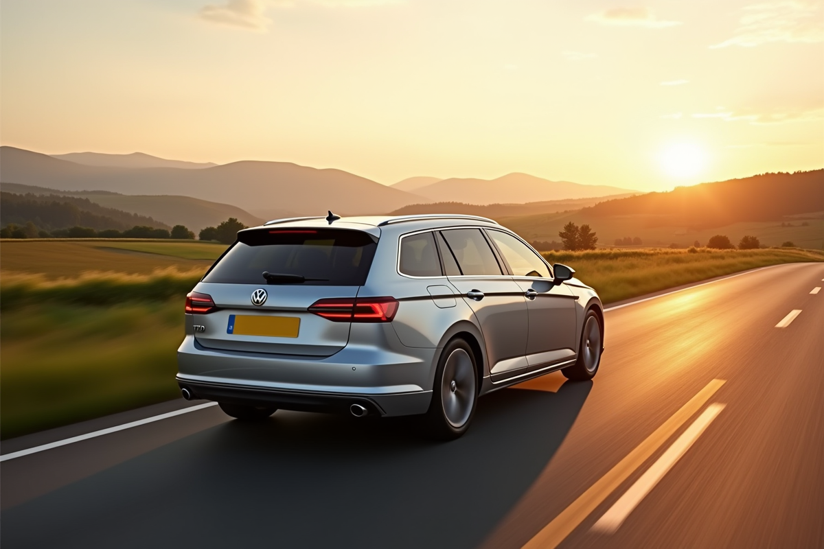 Voiture diesel TDI en conduite dans la campagne au coucher du soleil