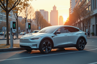 Voiture électrique branchée à une station de charge urbaine