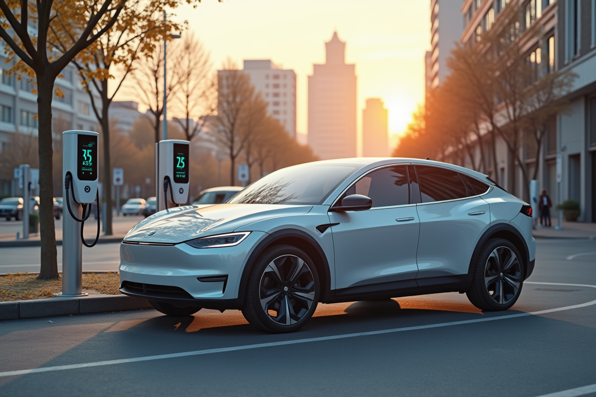 Voiture électrique branchée à une station de charge urbaine