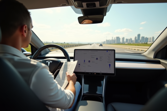 Voiture Tesla autonome sur l'autoroute en journée en ville