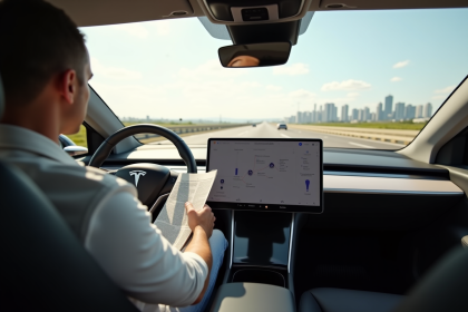 Voiture Tesla autonome sur l'autoroute en journée en ville