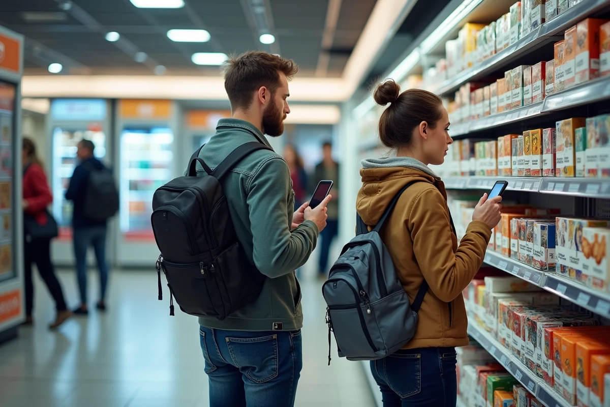 Deux voyageurs comparant les cartouches de cigarettes dans une station-service au Luxembourg avant un achat groupé