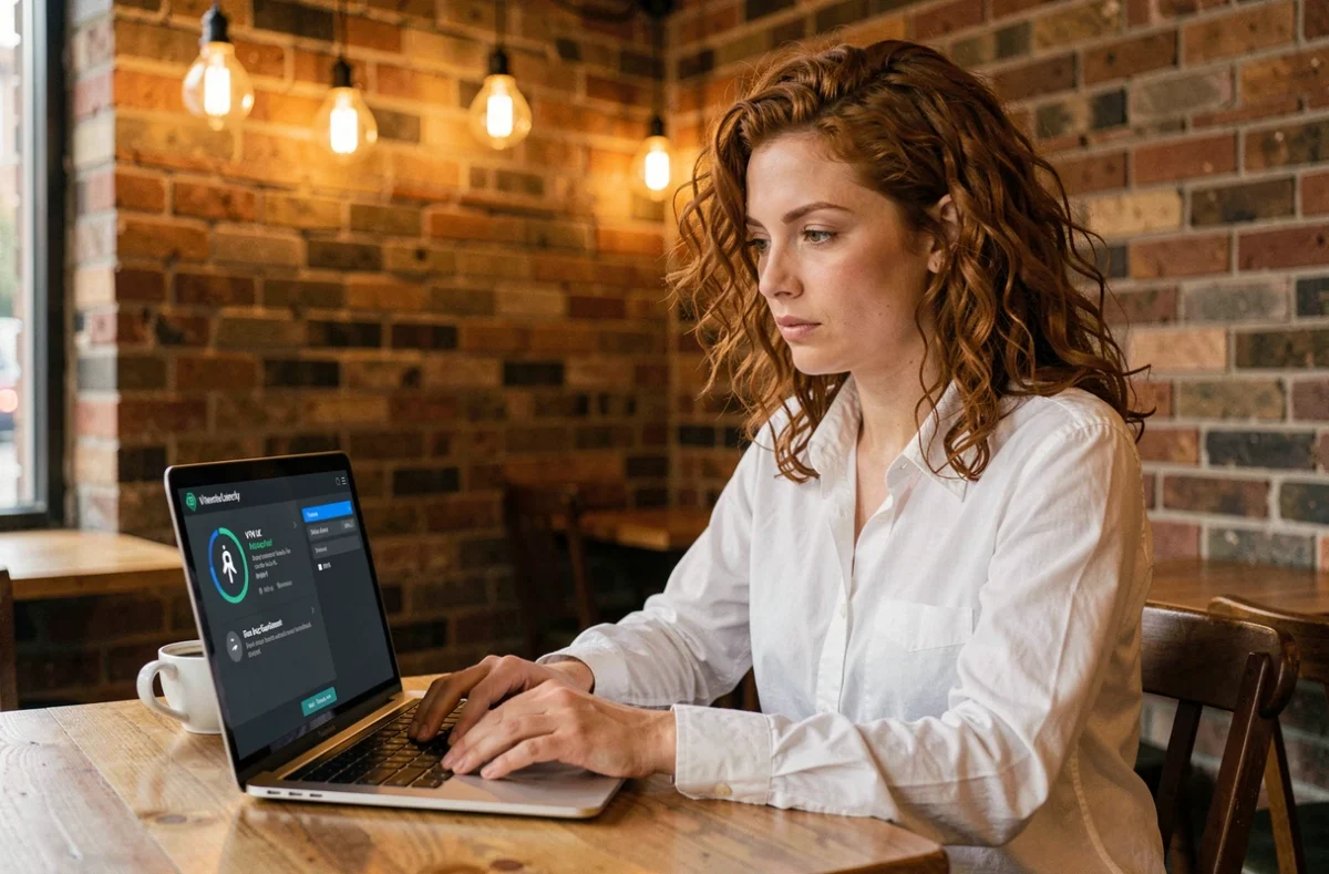 Femme utilisant un VPN sur son ordinateur portable dans un café pour contourner le blocage de son FAI