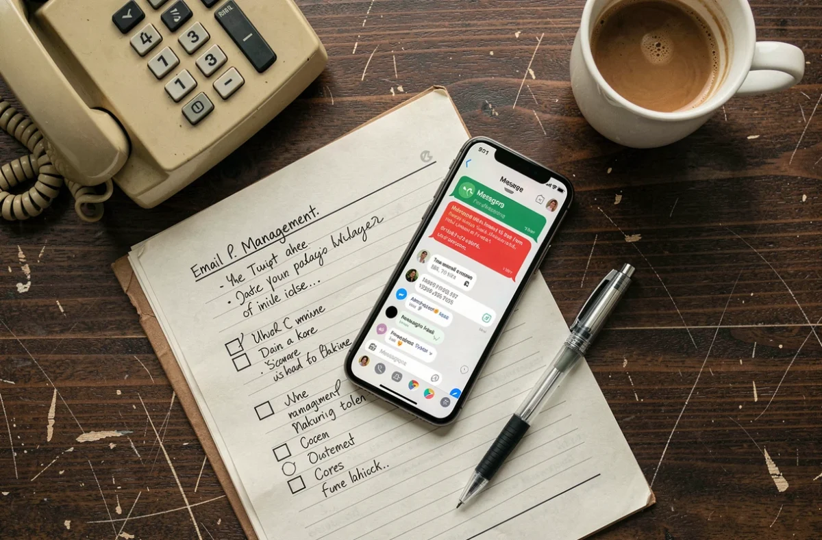 Vue aérienne d'un bureau avec téléphone fixe, smartphone affichant une messagerie Free saturée et notes manuscrites sur la gestion des emails