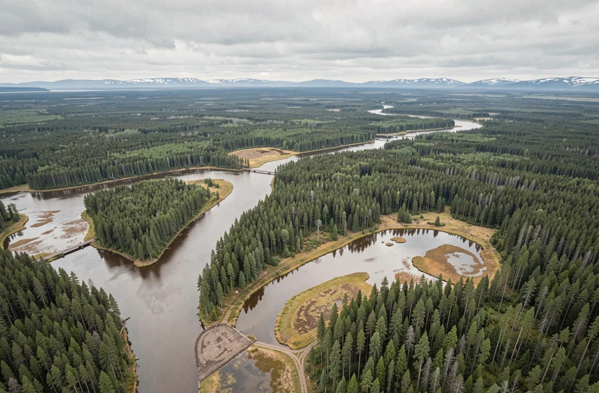 Vue aérienne d'une forêt boréale immense avec une rivière delta illustrant les ressources naturelles des grands pays du monde