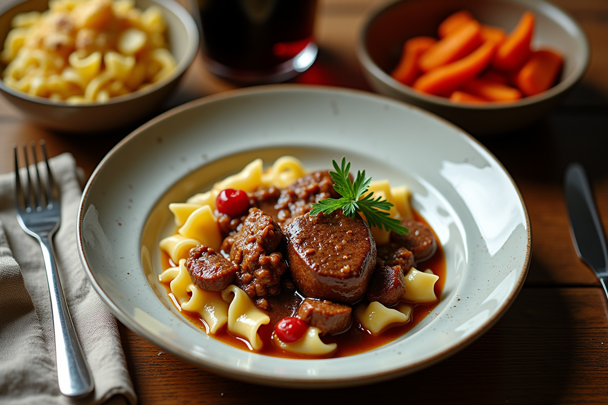 Vue de dessus d un plat de bourguignon avec légumes et vin rouge