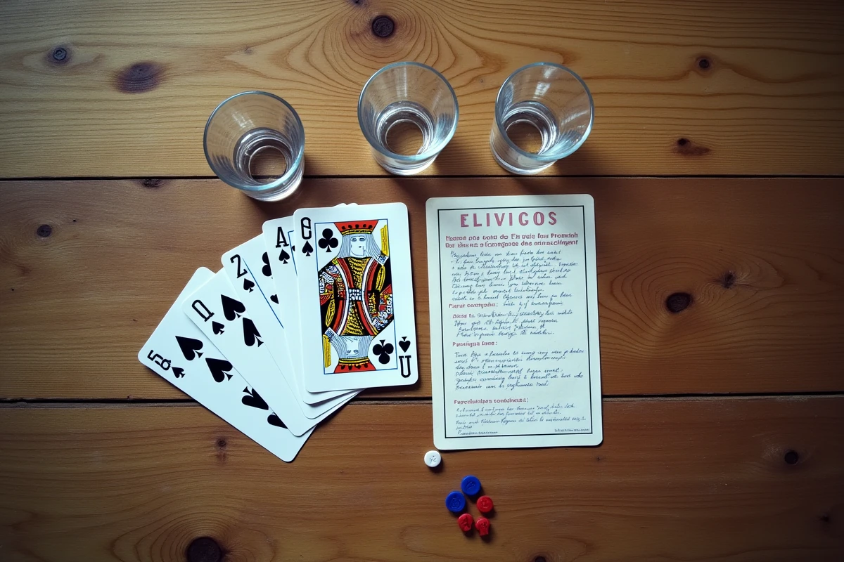 Vue de dessus d'une table avec cartes à jouer, verres et fiche de règles du jeu Palmier pour débutants